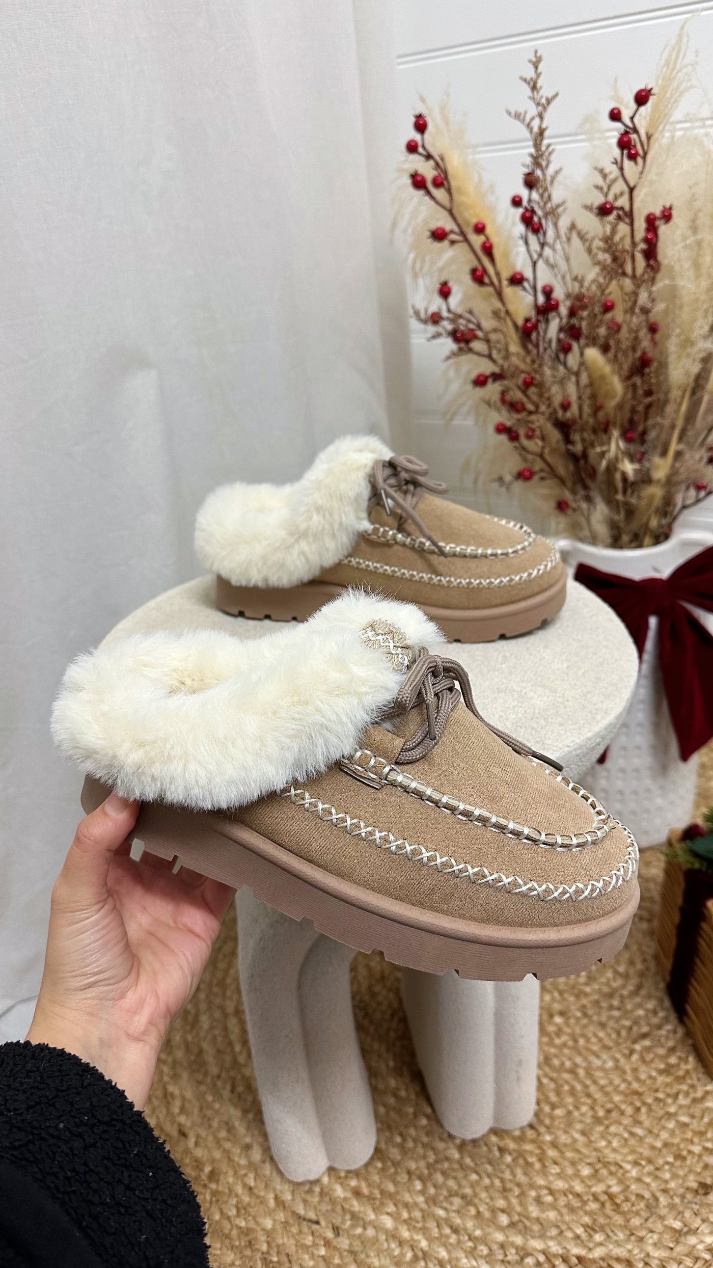 Fur Lined Embroidered Mules - DARK BEIGE
