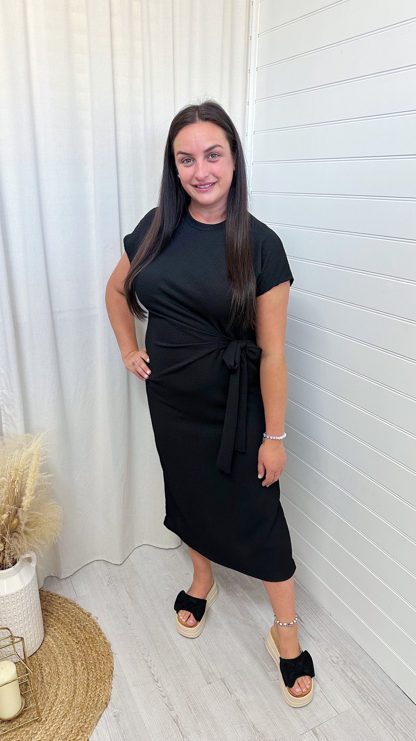 Cheesecloth Side Knot Midi Dress - BLACK