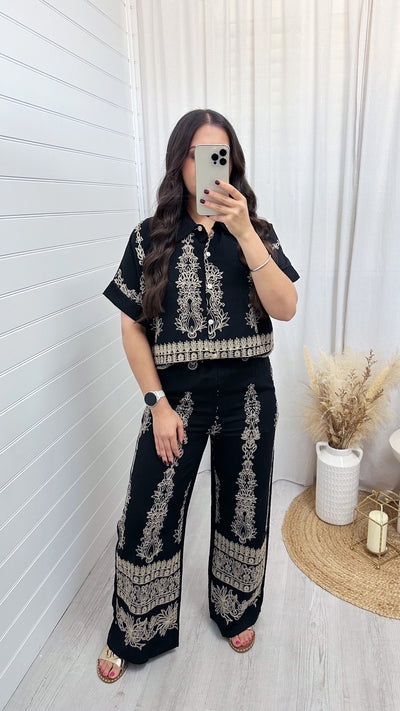 Gold Sparkle Embroidered Shirt and Trousers Co-Ord - BLACK