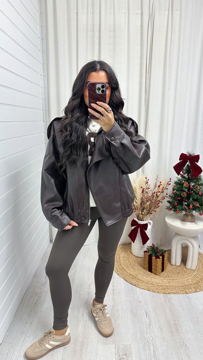 Relaxed Fit Lapel PU Leather Jacket - BROWN