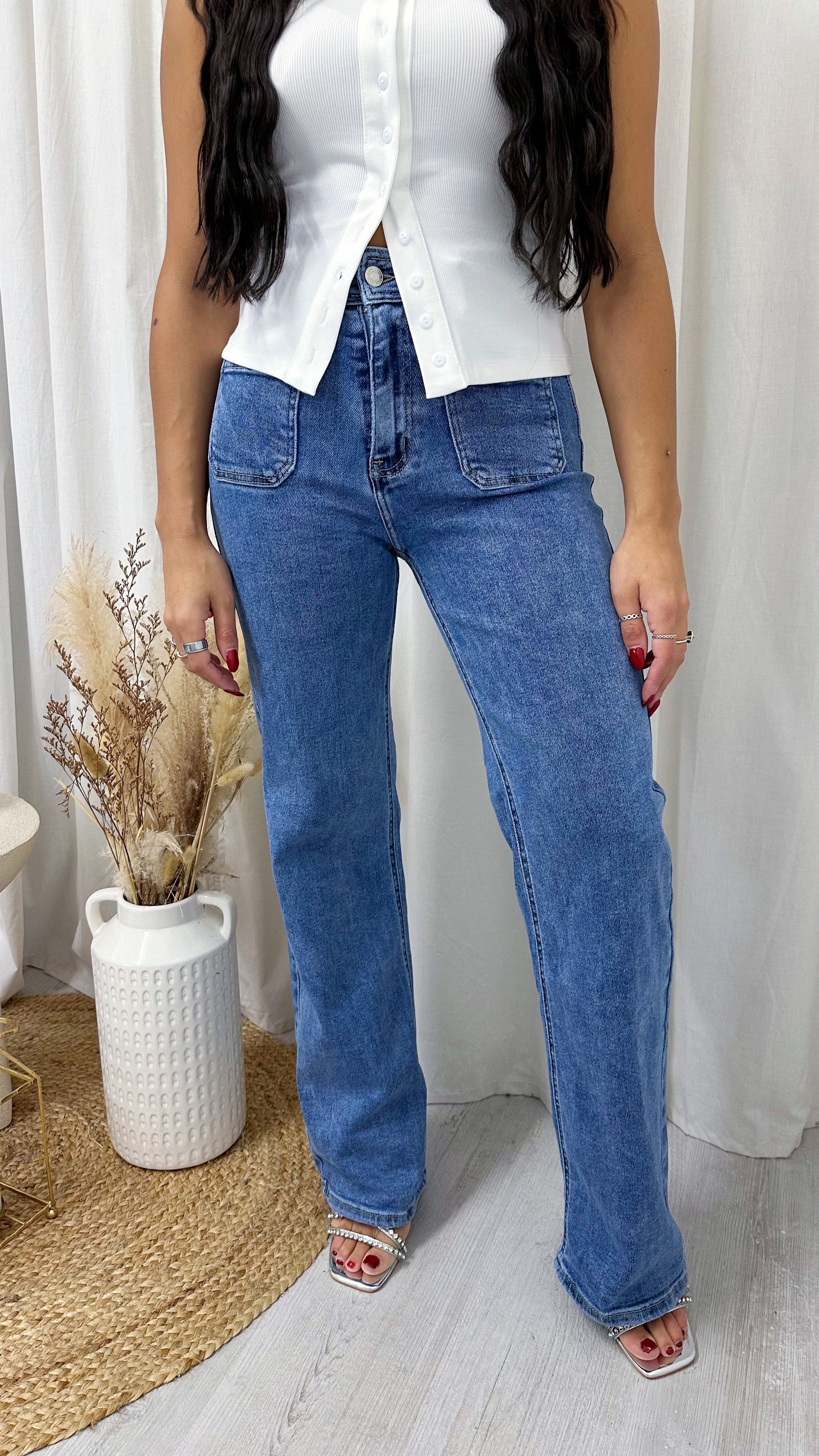 Front Pocket High Waisted Flare Jeans - DENIM BLUE