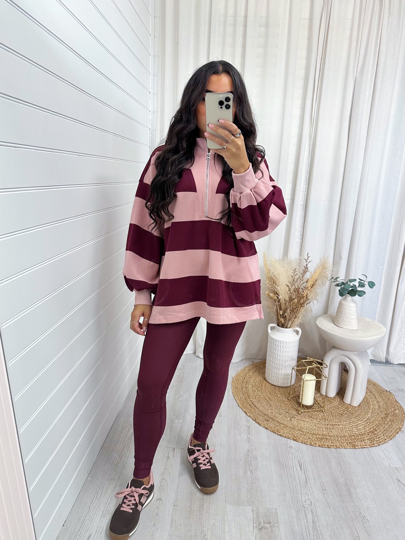 Stripey Block Colour Half Zip Sweatshirt - BURGUNDY