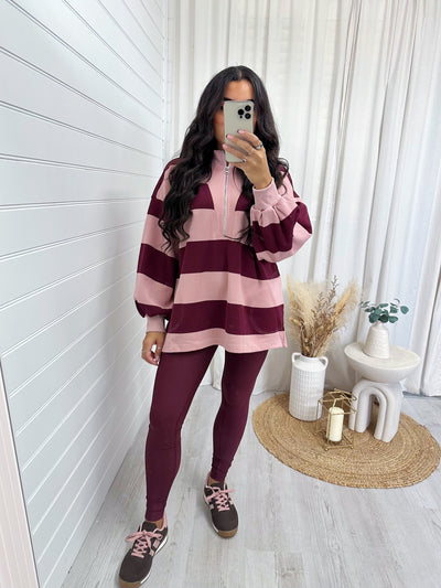 Stripey Block Colour Half Zip Sweatshirt - BURGUNDY