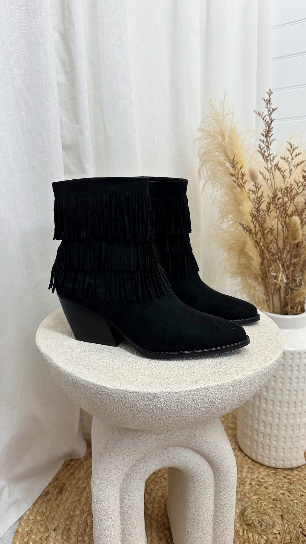 Tassel Cowboy Ankle Boots - BLACK