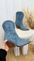 Laser Cut Embroidered Cowboy Boots - DENIM BLUE