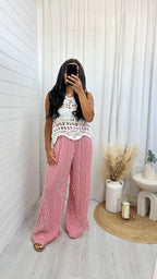 Pinstripe Linen Wide Leg Trousers - RED