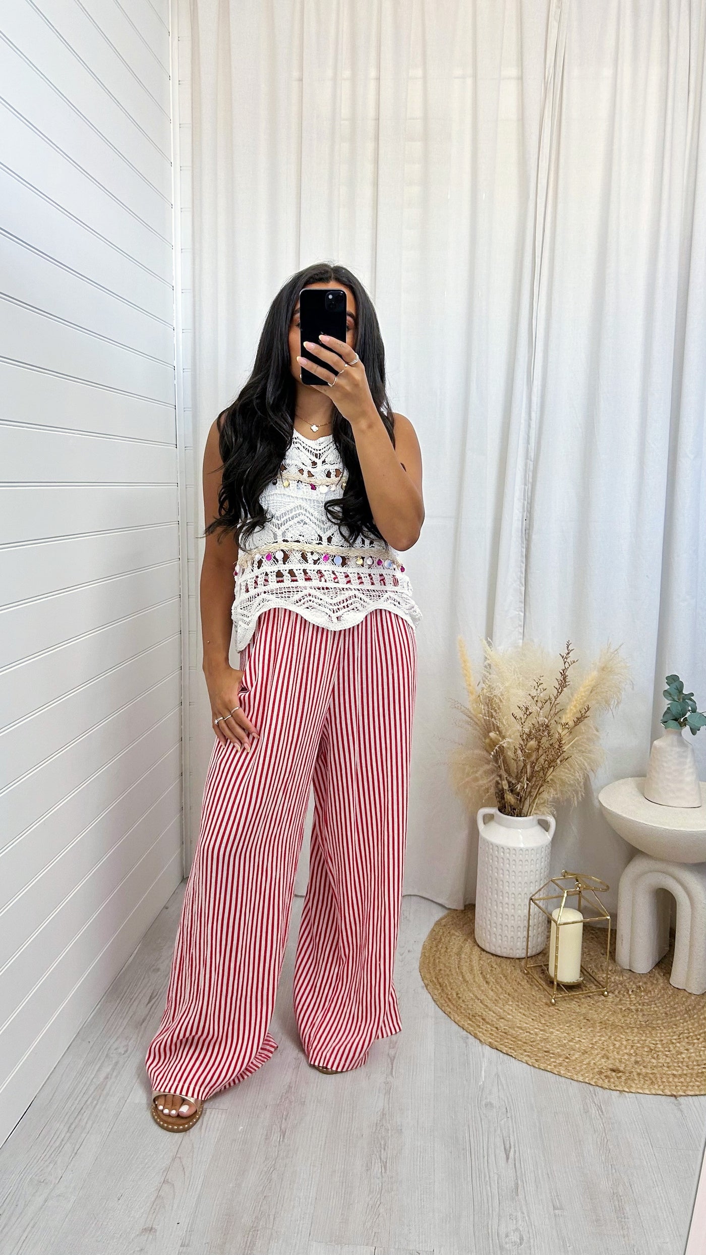 Pinstripe Linen Wide Leg Trousers - RED