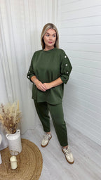 Button Shoulder Top and Barrel Fit Joggers Co-Ord - KHAKI