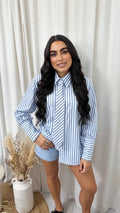 Shoulder Padded Pinstripe Shirt with Tie - BLUE