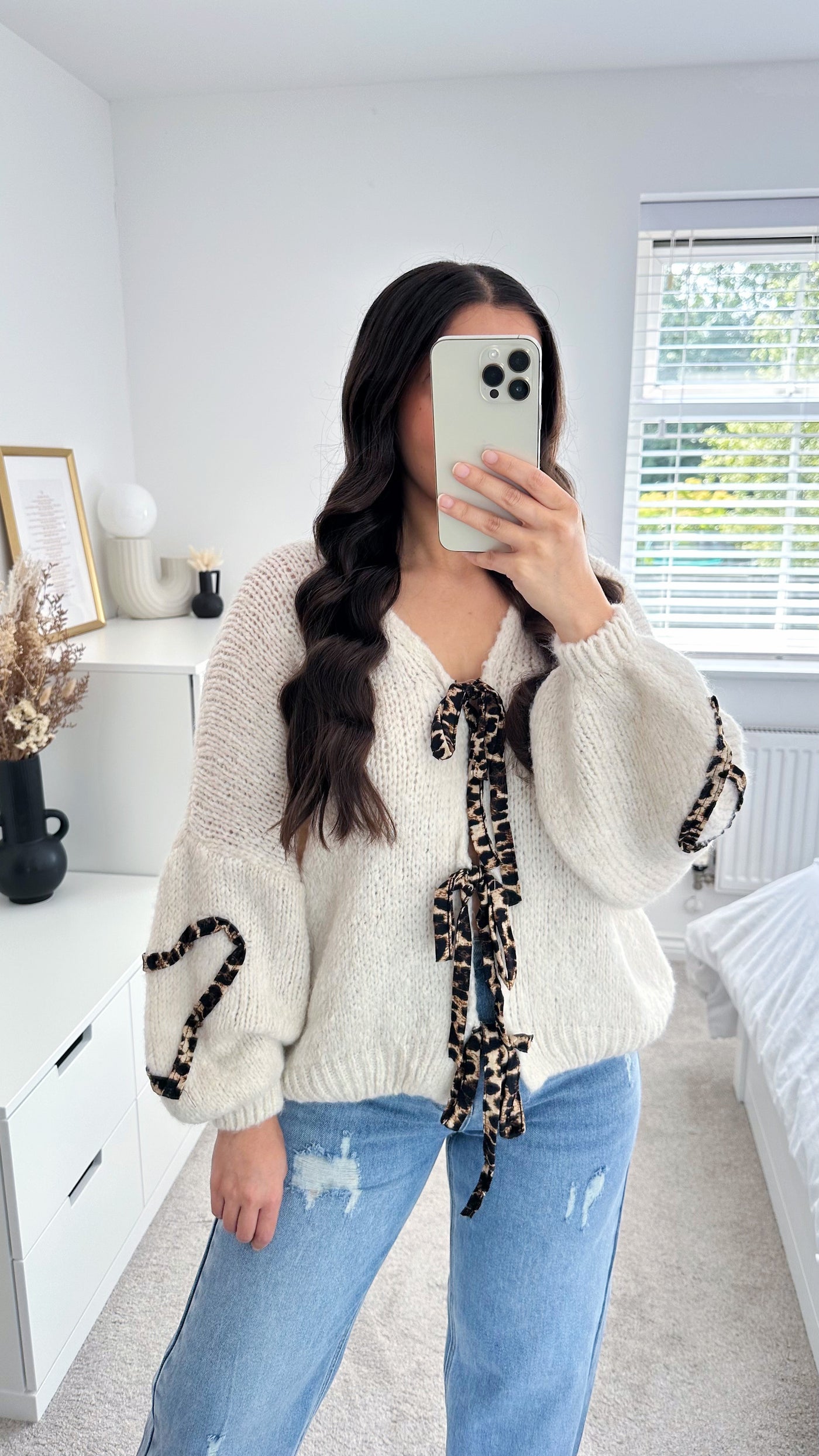 Leopard Bow Tie Cardigan - LIGHT BEIGE