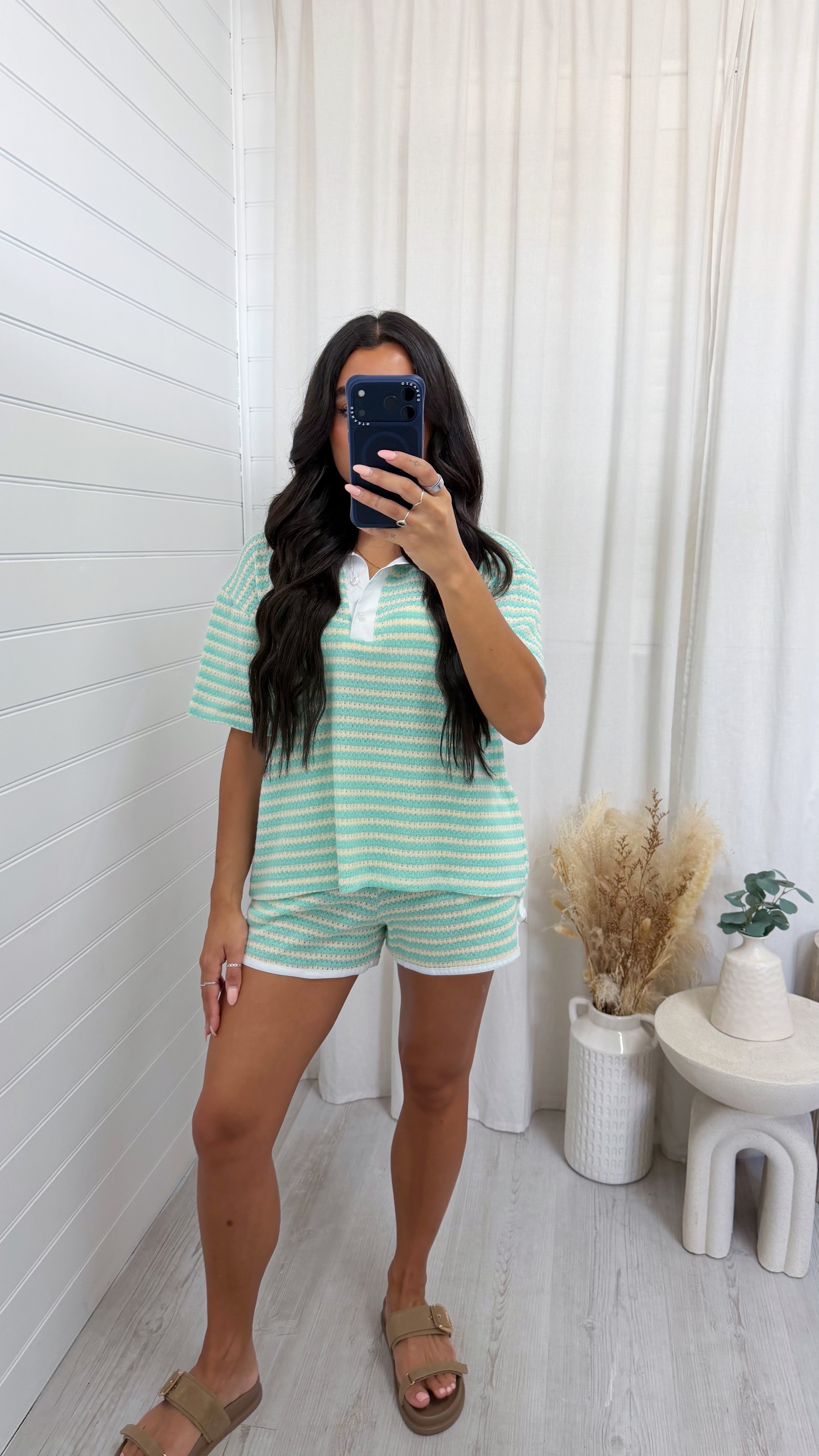 Crochet Stripe Collared Shirt and Shorts - TURQUOISE