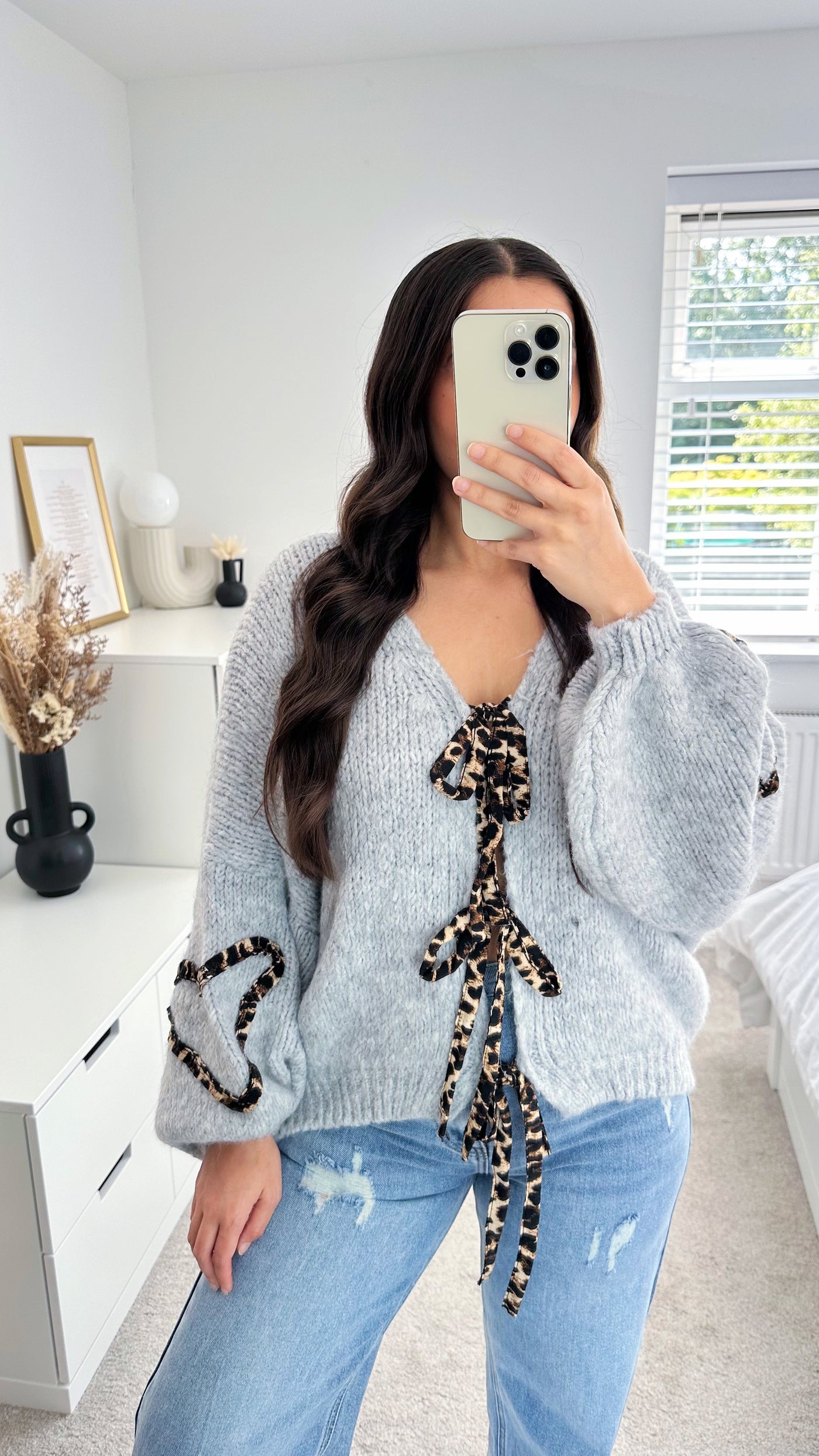 Leopard Bow Tie Cardigan - GREY