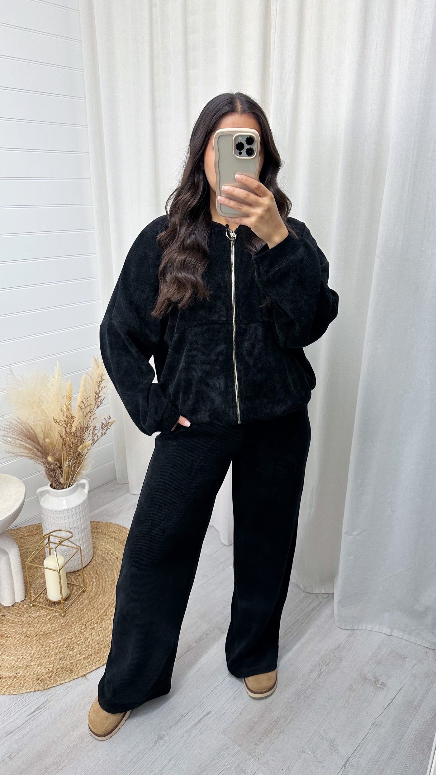 Cord Oversized Bomber Jacket and Joggers Co-Ord - BLACK