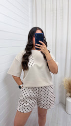 Polka Dot Baggy T-Shirt and Shorts Co-Ord - LIGHT BEIGE