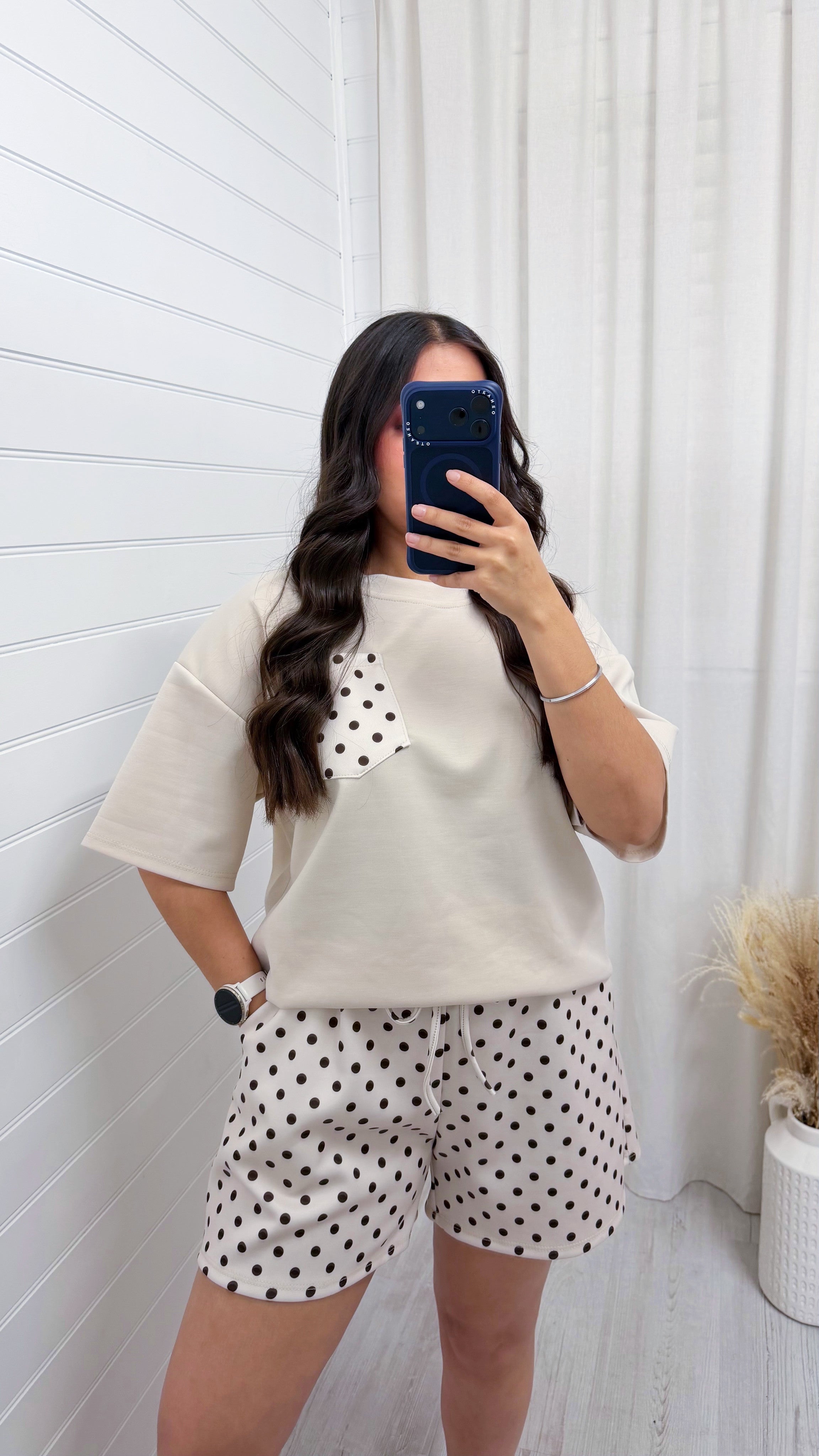 Polka Dot Baggy T-Shirt and Shorts Co-Ord - LIGHT BEIGE
