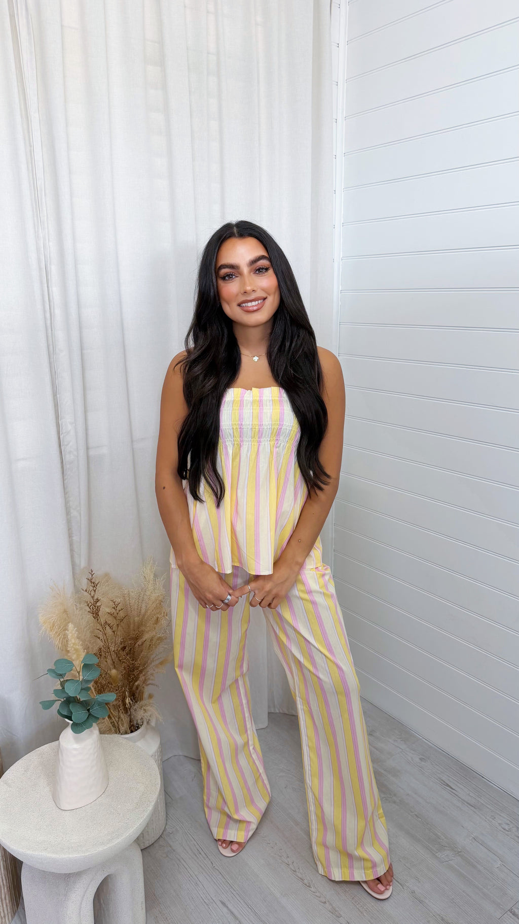 Pastel Stripe Shirred Top and Trousers Co-Ord - LEMON