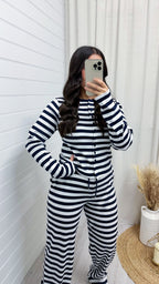 Stripe Knit Cardigan and Straight Leg Joggers Co-Ord - NAVY/WHITE