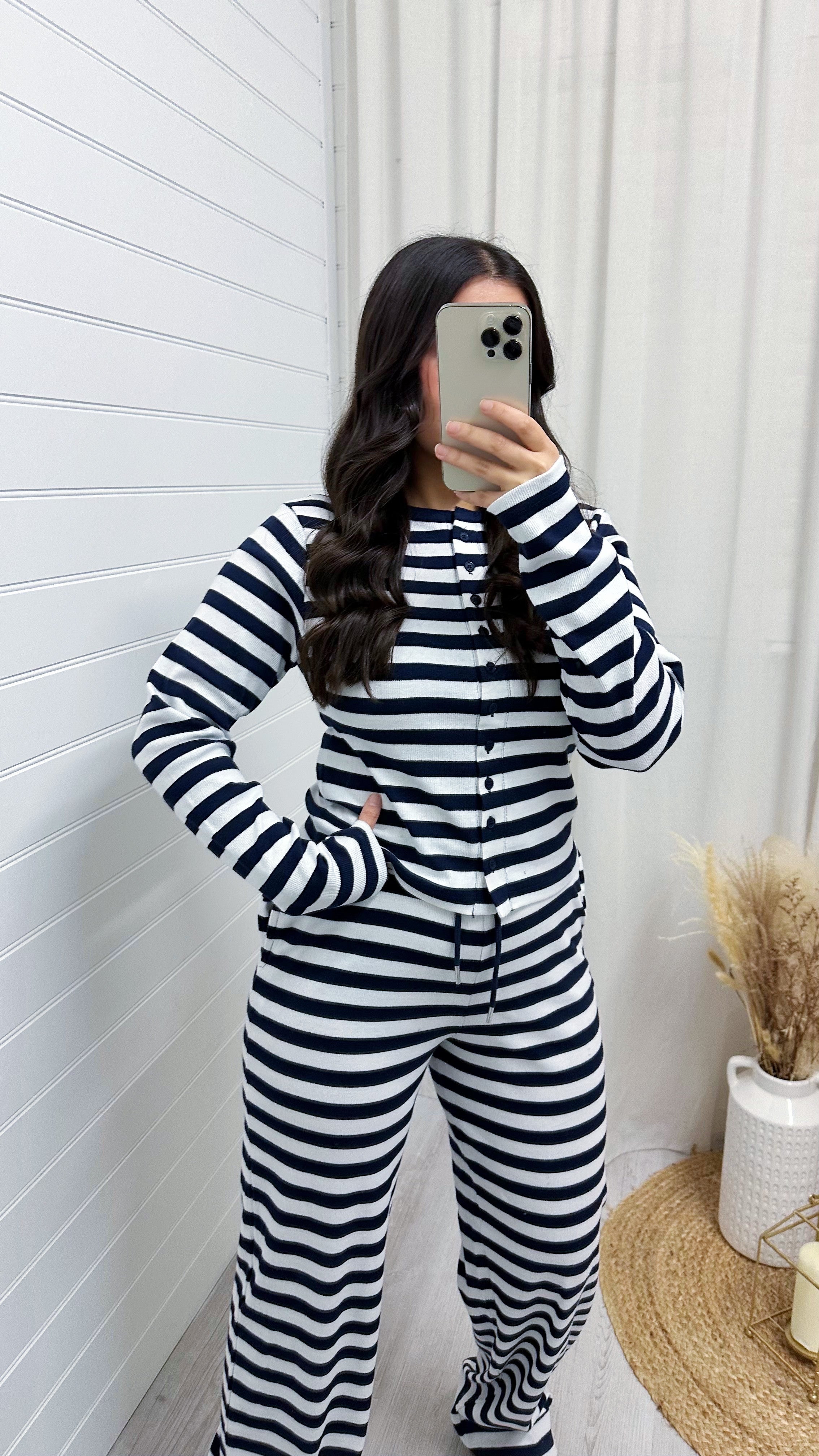Stripe Knit Cardigan and Straight Leg Joggers Co-Ord - NAVY/WHITE