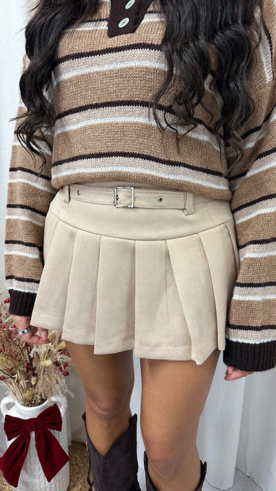Suede Pleated Mini Tennis Skort - BEIGE
