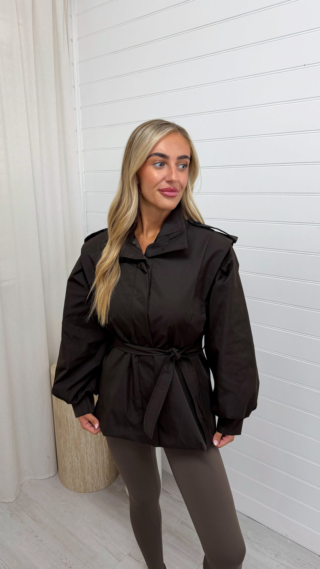 Cap Shoulder Belted Trench Jacket - BROWN