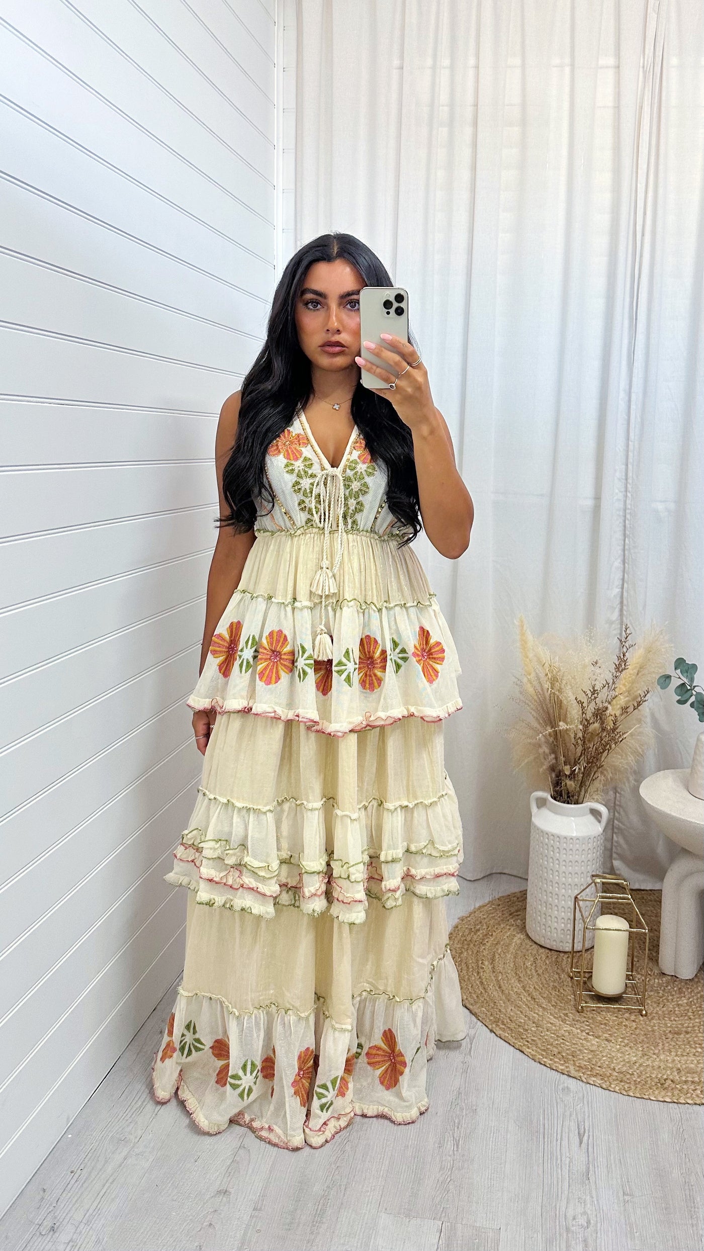 Floral Embellished Frill Maxi Dress - CREAM