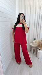 Metallic Mesh T-Shirt and Trouser Co-Ord - RED