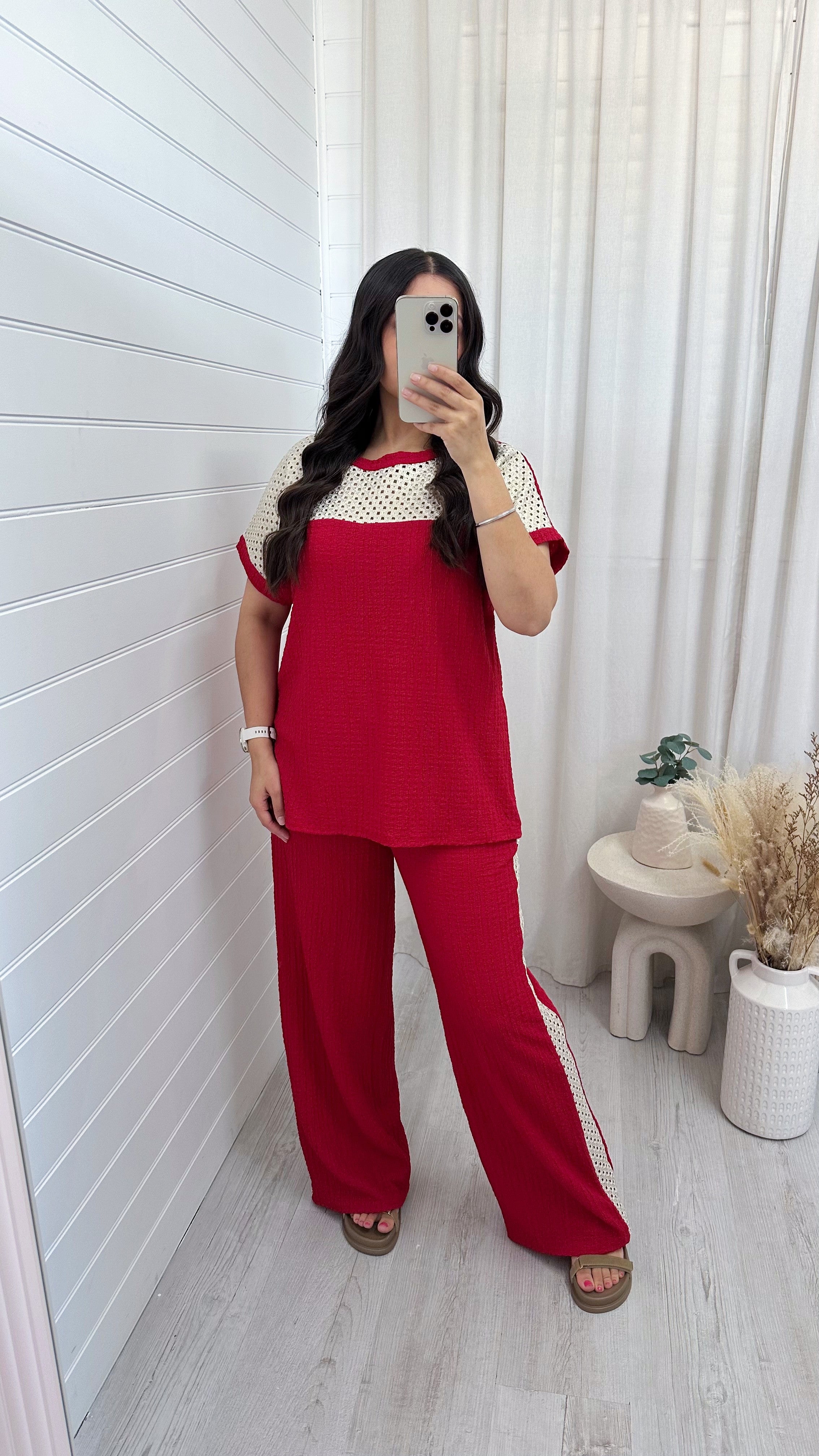 Metallic Mesh T-Shirt and Trouser Co-Ord - RED