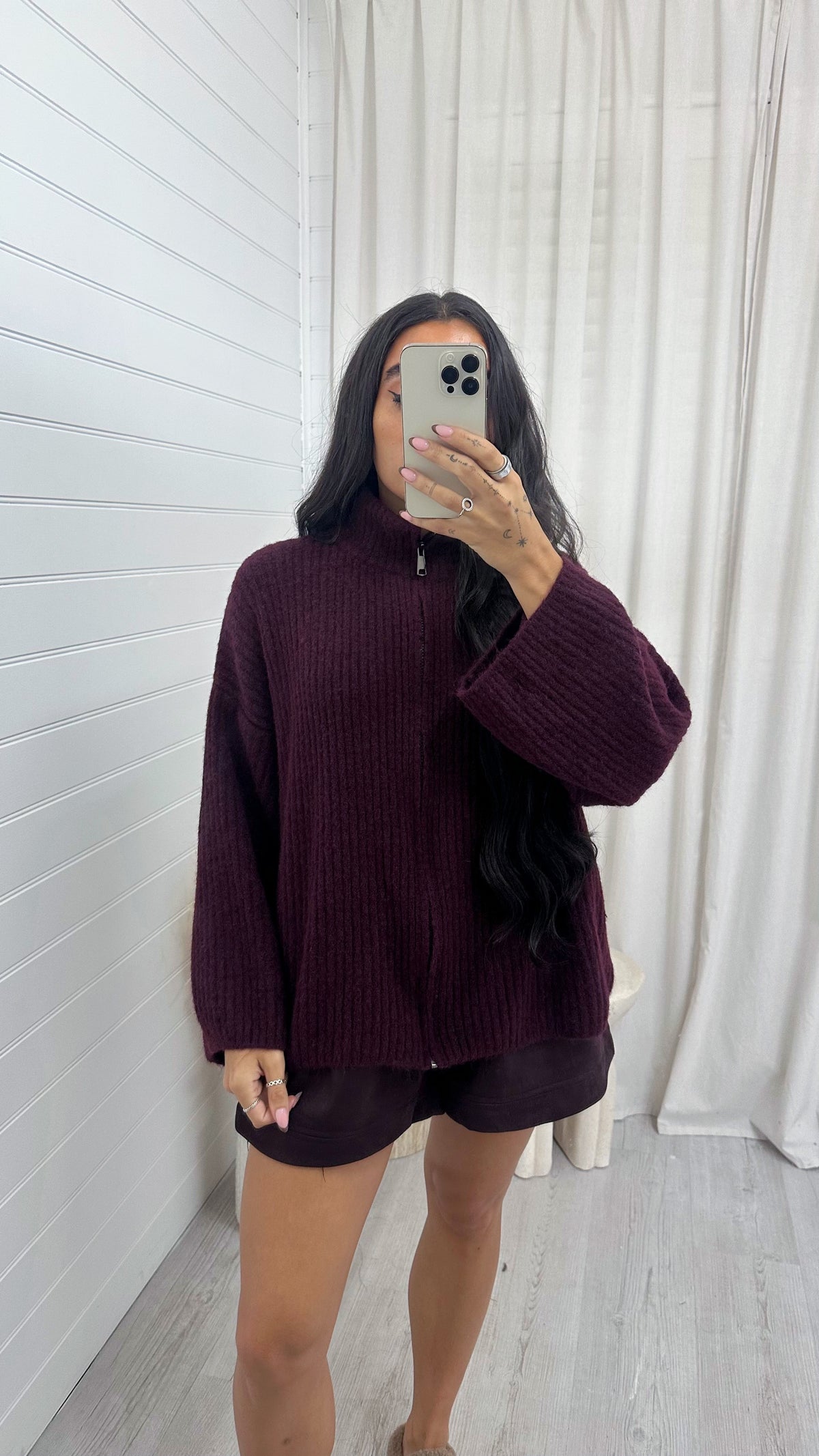 Chunky Rib Woollen Jacket - BURGUNDY