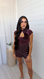 Velvet Branch Key Hole Top - BURGUNDY