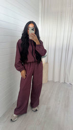 Check Wide Leg Co-ord - BURGUNDY