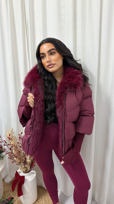 Fur Trim Hooded Puffer Coat - BURGUNDY