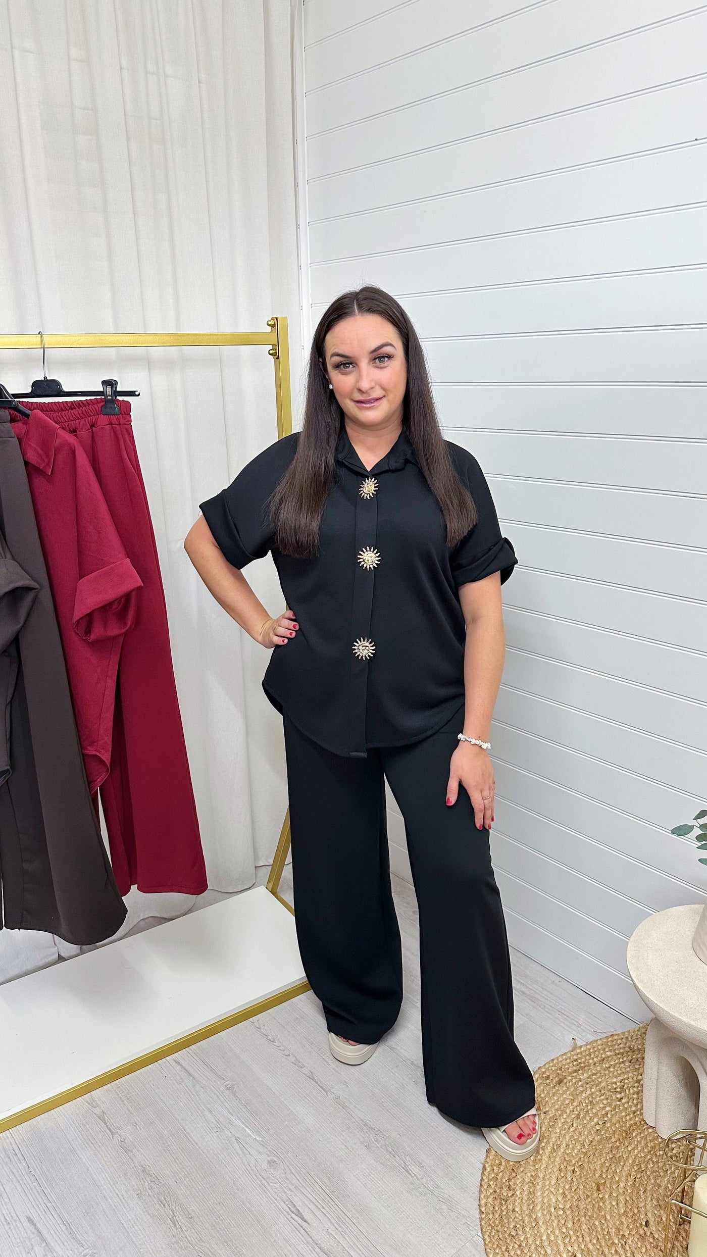 Celestial Gold Button Shirt and Straight Leg Trousers Co-Ord - BLACK
