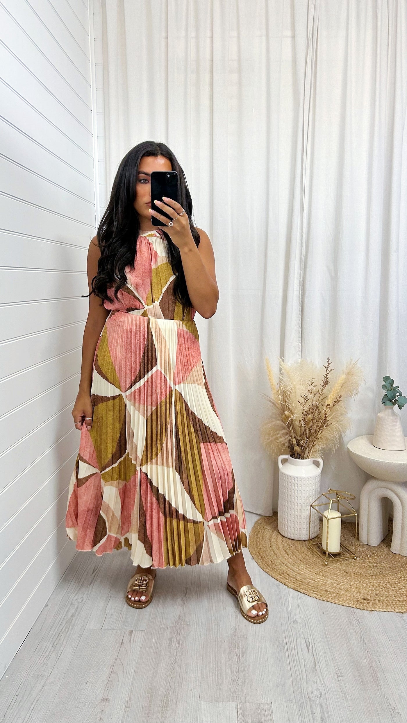 Abstract Pleated Satin Halter Neck Top and Midi Skirt - PINK