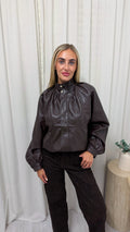 High Neck Puffed Leather Jacket - BROWN