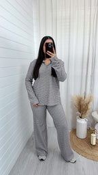 Textured Pinstripe Rugby Sweatshirt and Trousers Co-Ord - PINK