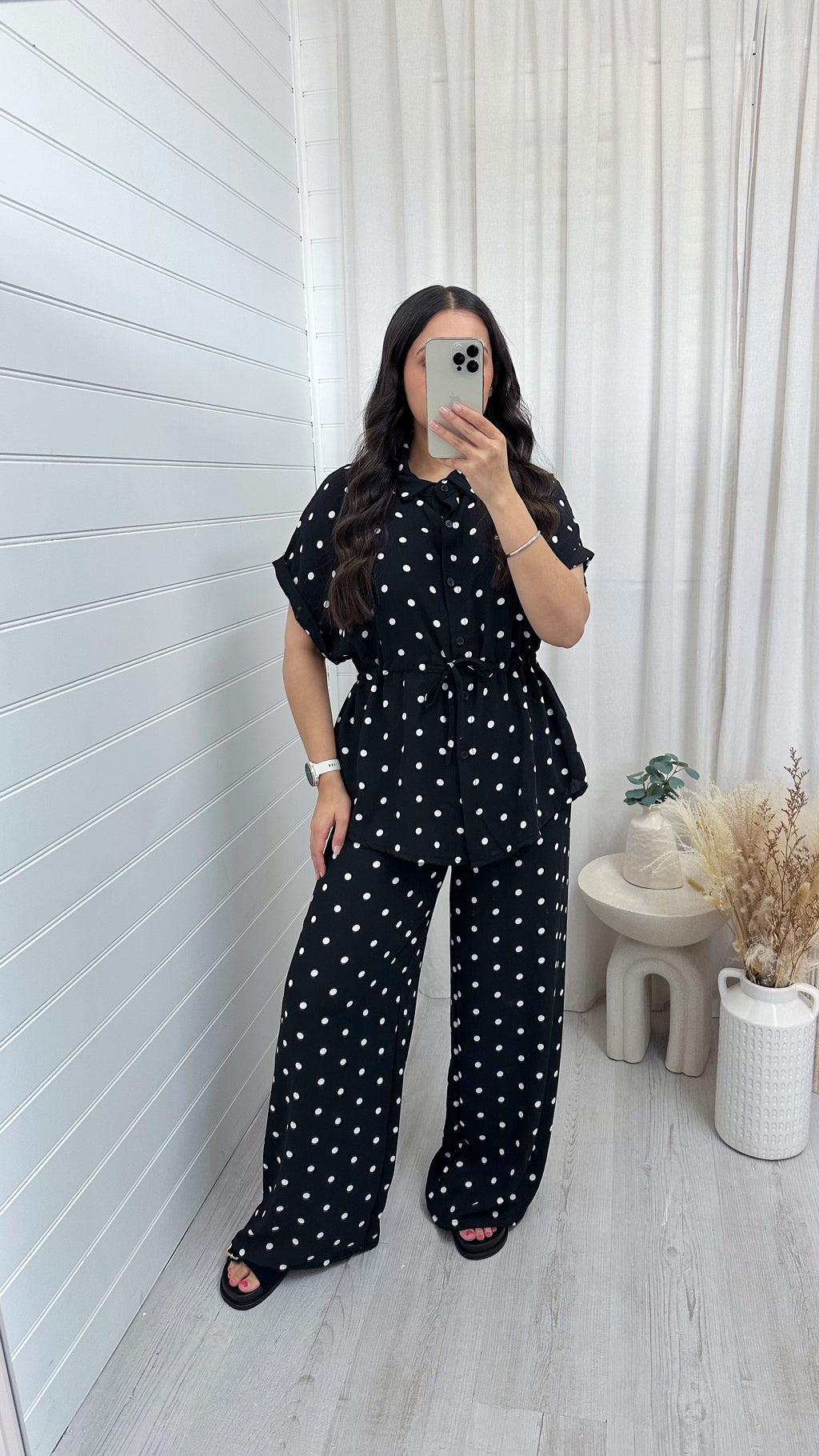 Polka Dot Cinched Shirt and Trousers Co-Ord - BLACK