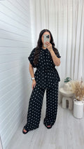 Polka Dot Cinched Shirt and Trousers Co-Ord - BLACK