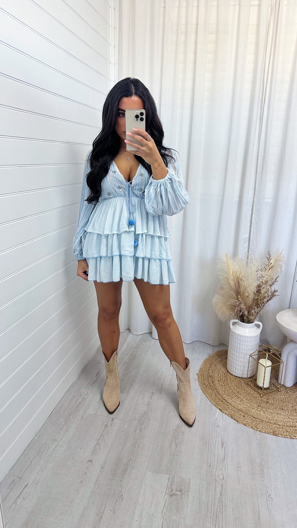 Frill Tiered Pearl Boho Top - LIGHT BLUE