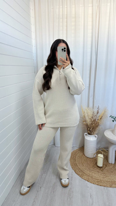 Chunky Knitted Quarter Zip Top and Trousers Co-Ord - CREAM