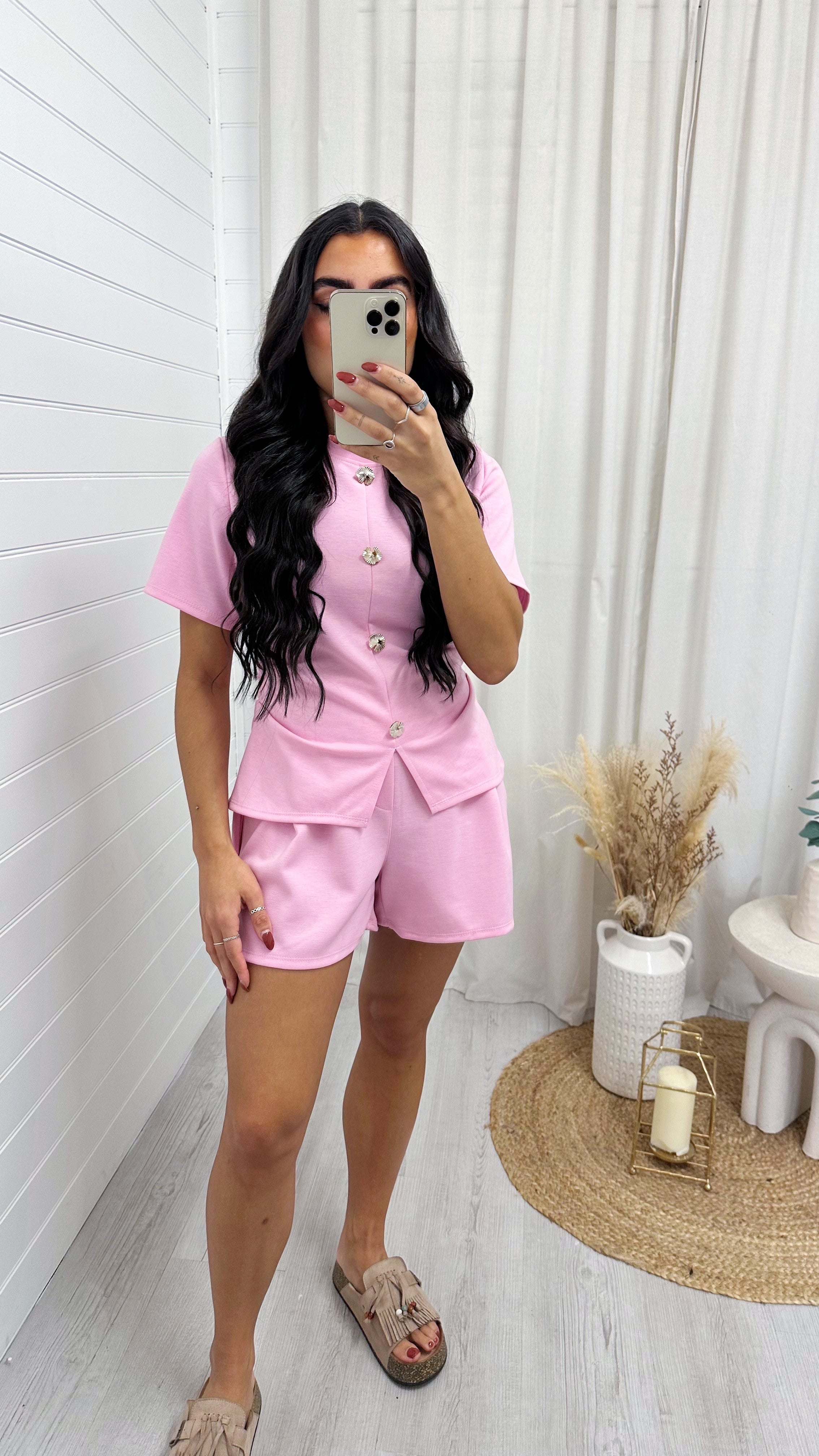 Cinched Gold Button Top and Shorts Co-Ord - PINK
