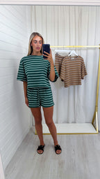 Stripey Cotton Crop Top and Shorts Co-Ord - FOREST GREEN