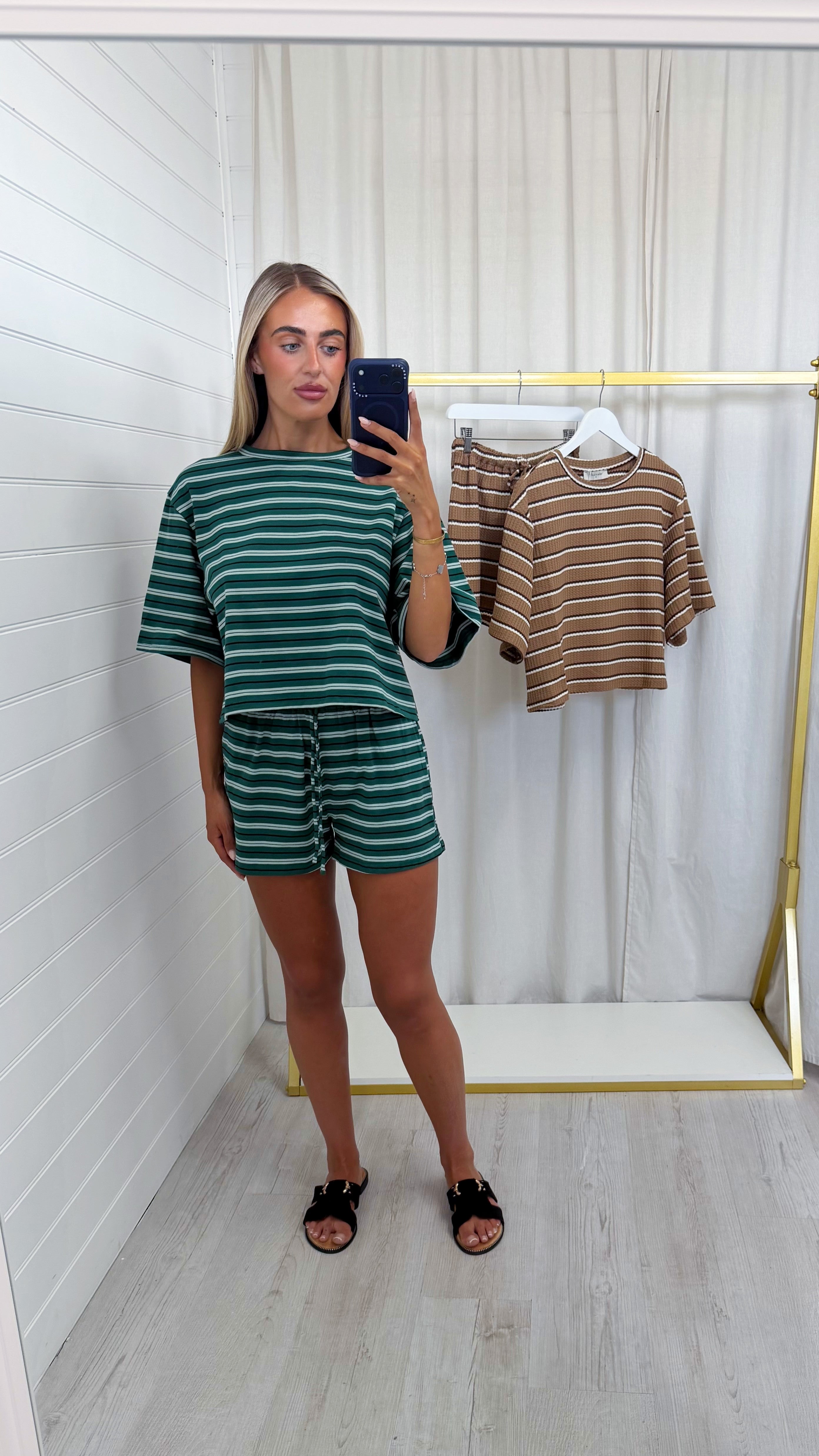 Stripey Cotton Crop Top and Shorts Co-Ord - FOREST GREEN