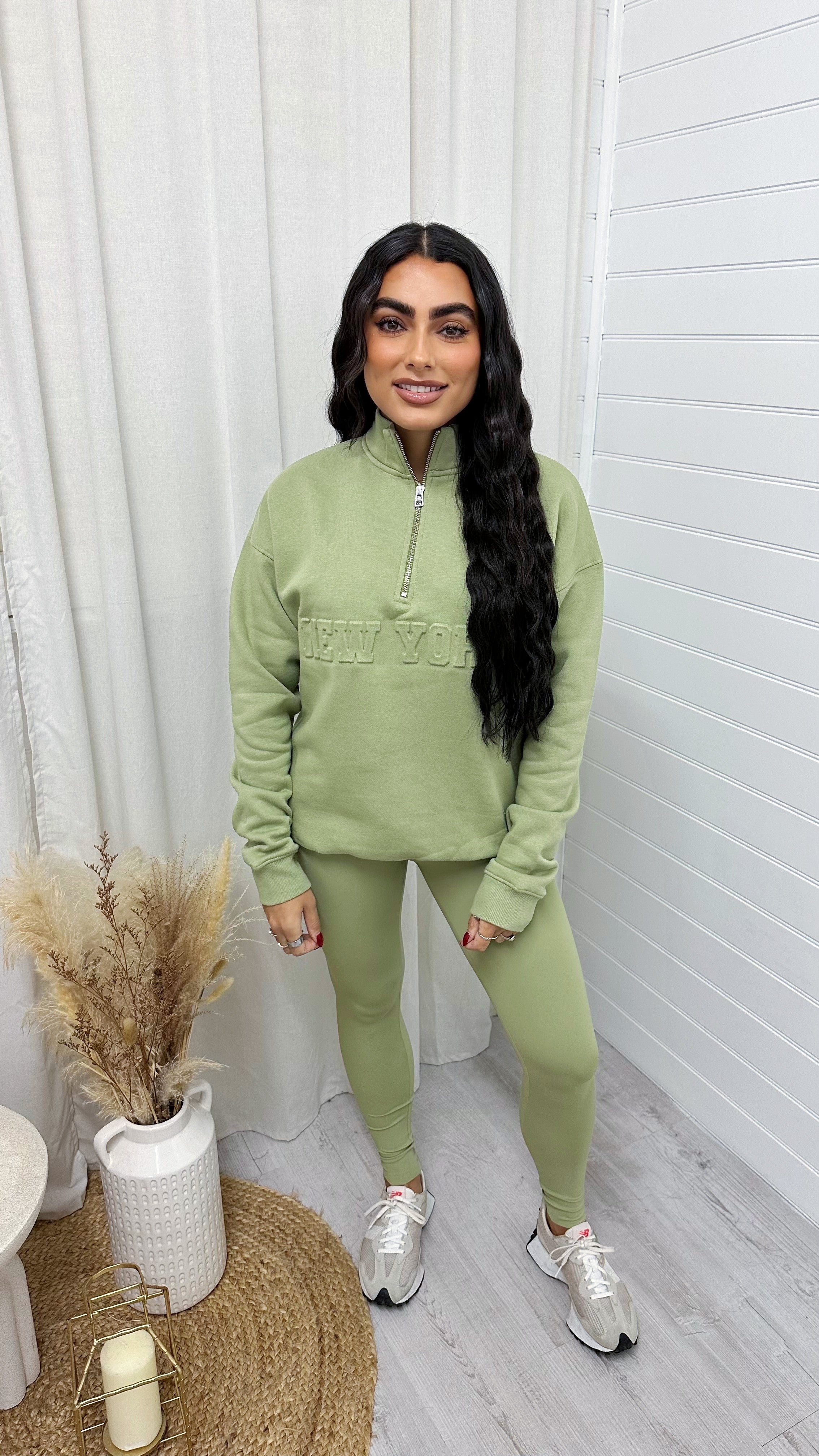 New York Embossed Half Zip Sweatshirt - SAGE