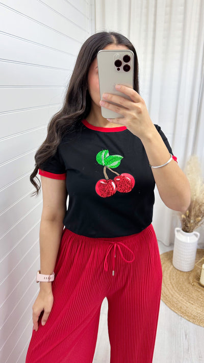 Red Trim Sequin Cherry T-Shirt - BLACK