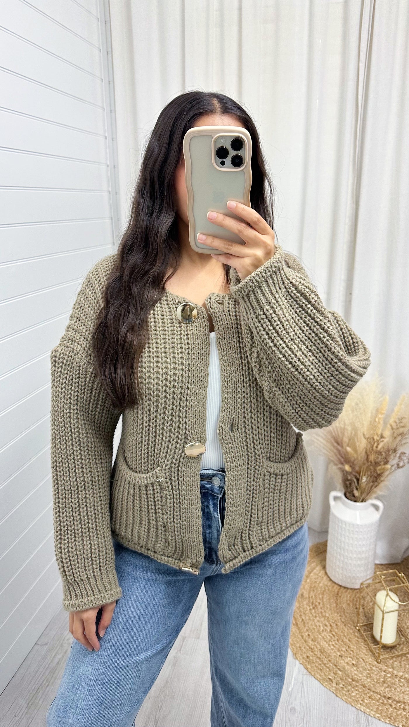 Chunky Knit Gold Button Cardigan - MOCHA