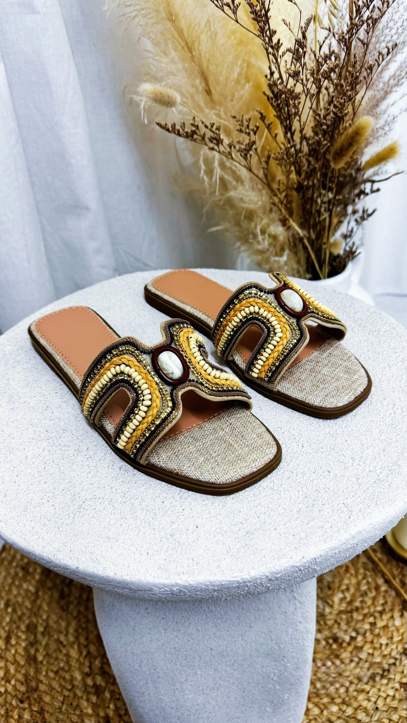 Beaded Crystal Sparkly Sliders - BEIGE