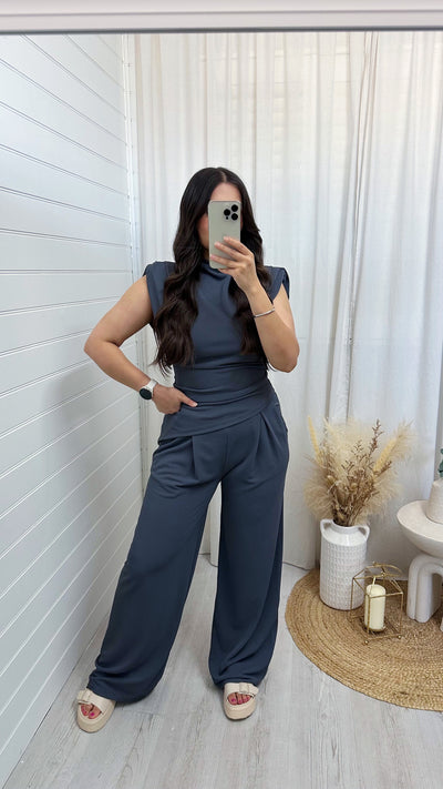 Asymmetrical Top and Wide Leg Trousers Co-Ord - CHARCOAL