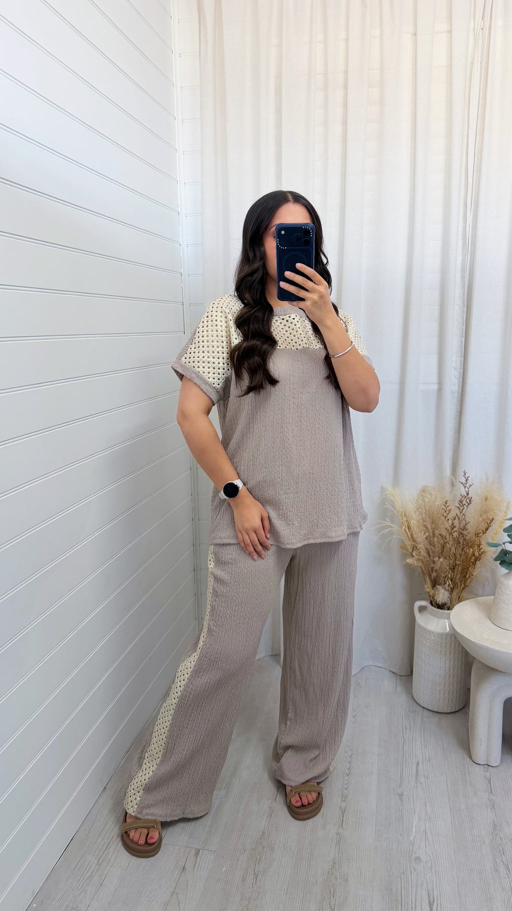 Metallic Mesh T-Shirt and Trouser Co-Ord - DOVE GREY
