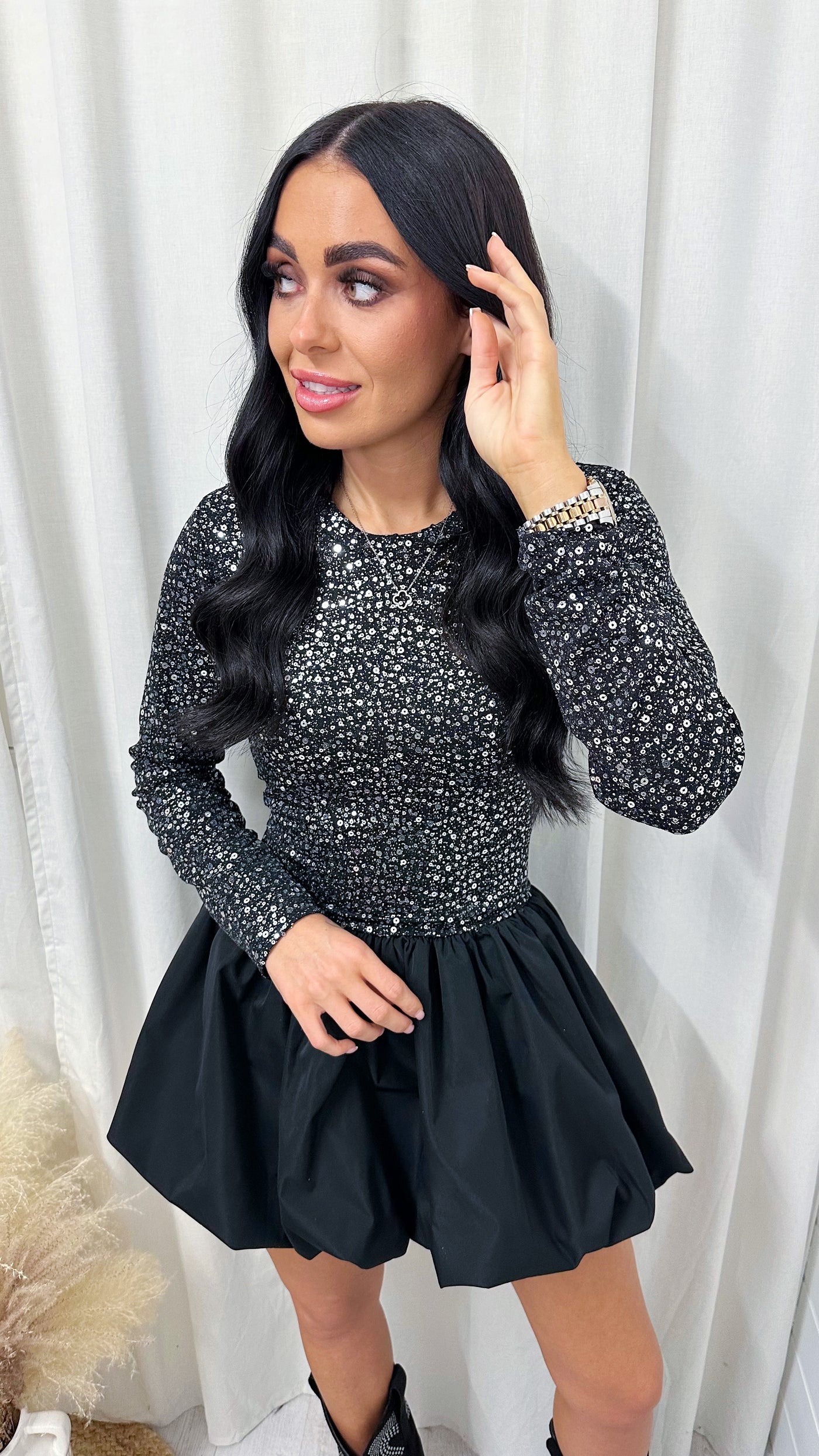 Sequin Puff Ball Dress - BLACK/SILVER