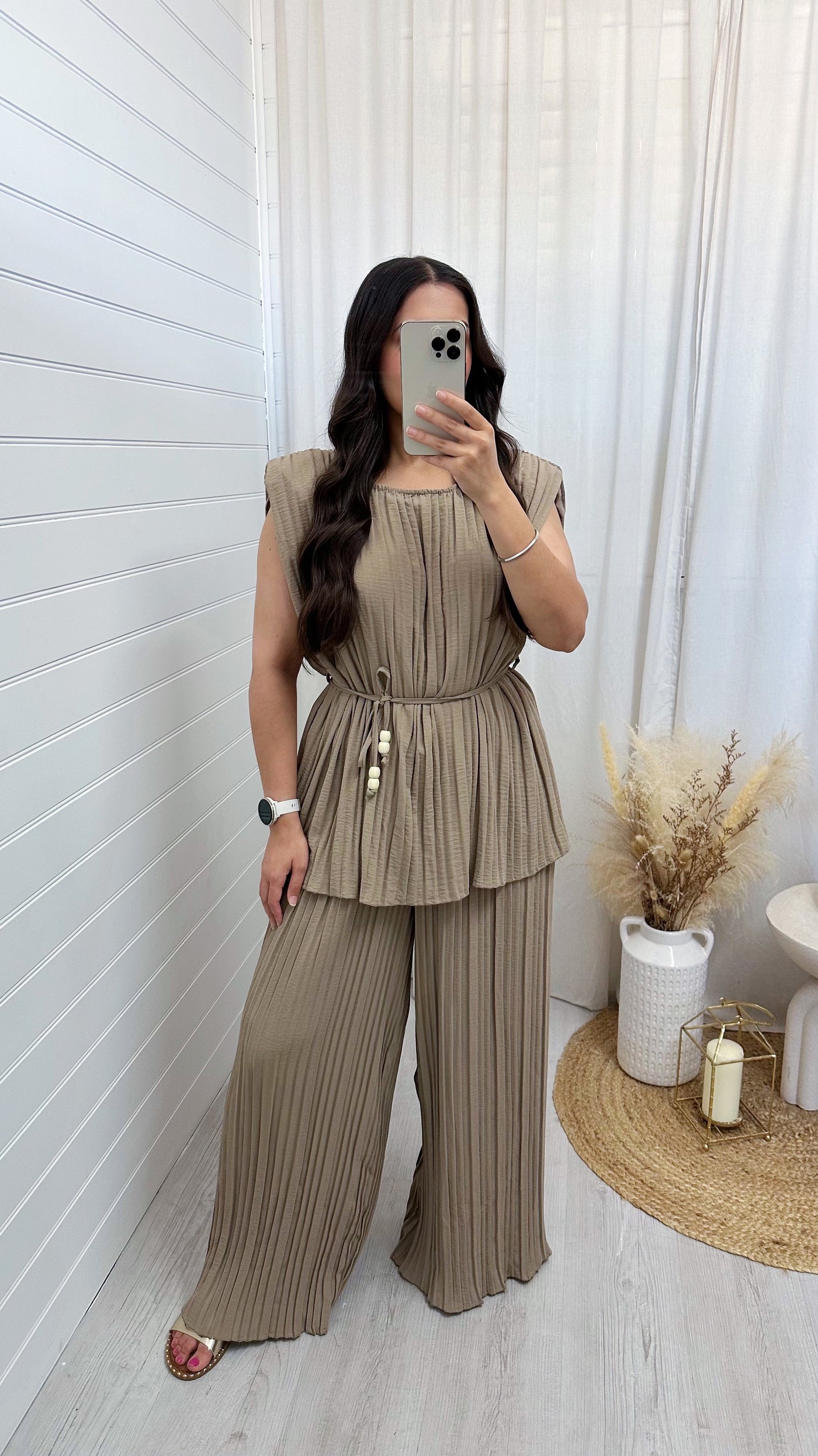 Pleated Tunic and Wide Leg Trousers Co-Ord - DARK BEIGE